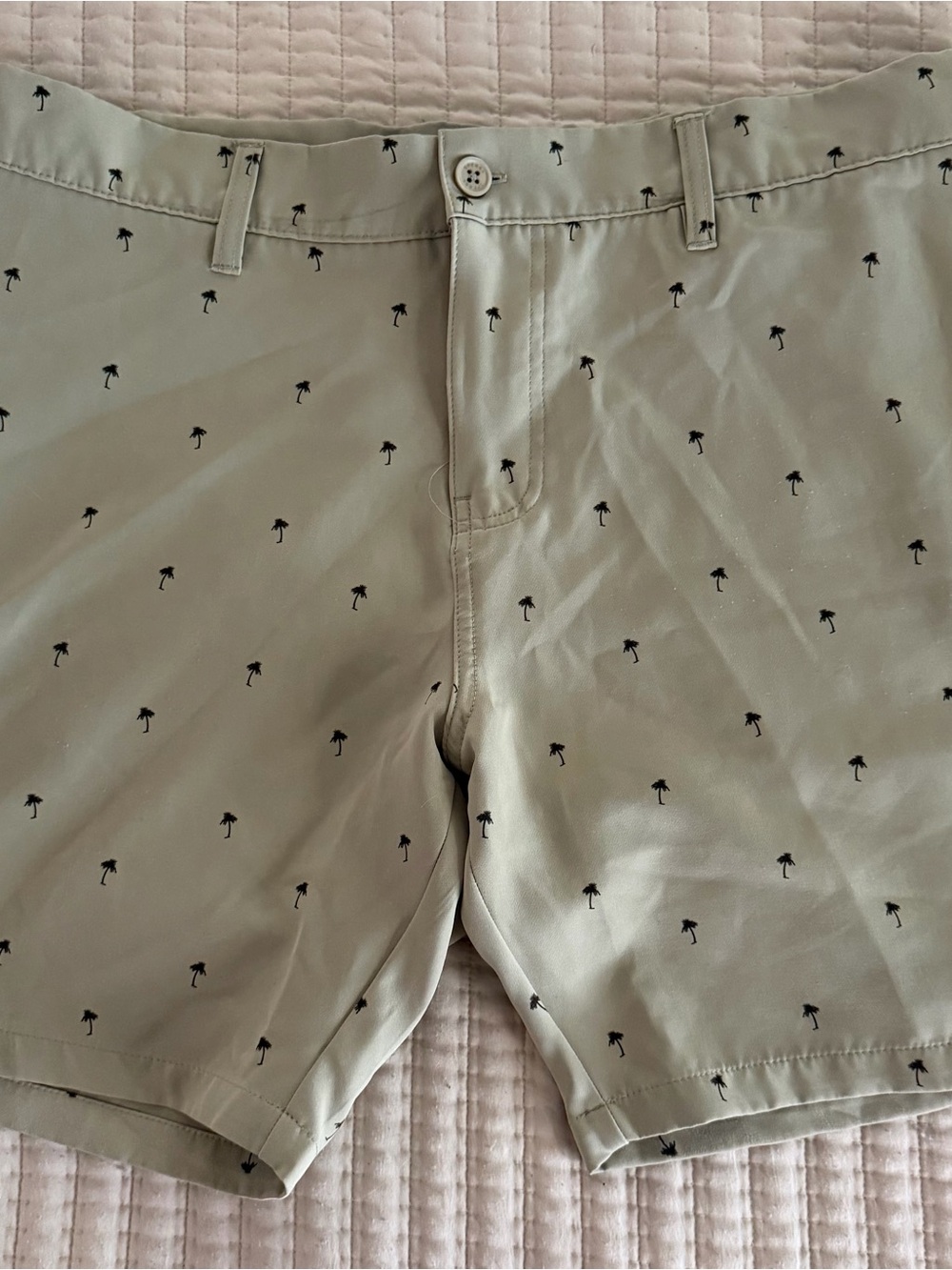 Sperry Tech Shorts Mens 36 Stone Tan Flat Front Stretch Palm Tree Print Chino
